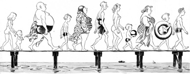 Tegning af Herluf Bidstup. Forestiller en rækker personer gående på en badebro.