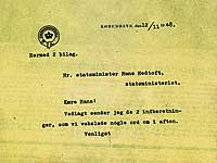 Brev til Hans Hedtoft om efterretningstjenesten, 12. november 1948