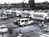 Tuborg-chauffører blokerer Lyngbyvej under HT-konflikten i 1984