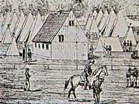 Under koleraepidimien i København 1853 blev der etableret teltlejre til de syge uden for byens volde. Samtidig tegning.