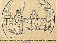 Hvidovres bønder forsøgte at holde tilflytterne fra København væk, ved at nægte dem ret til skole og social hjælp. Tegning fra B.T. 1923